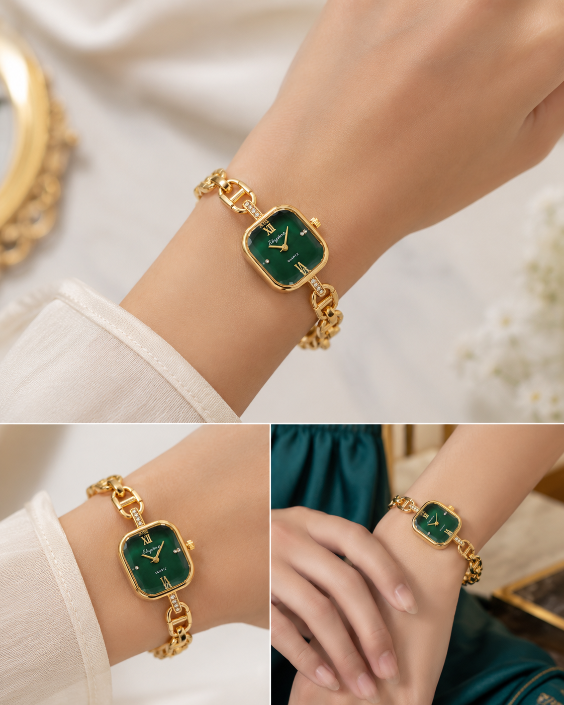 Women's Premium Gold Bracelet Watch with Emerald Green Dial