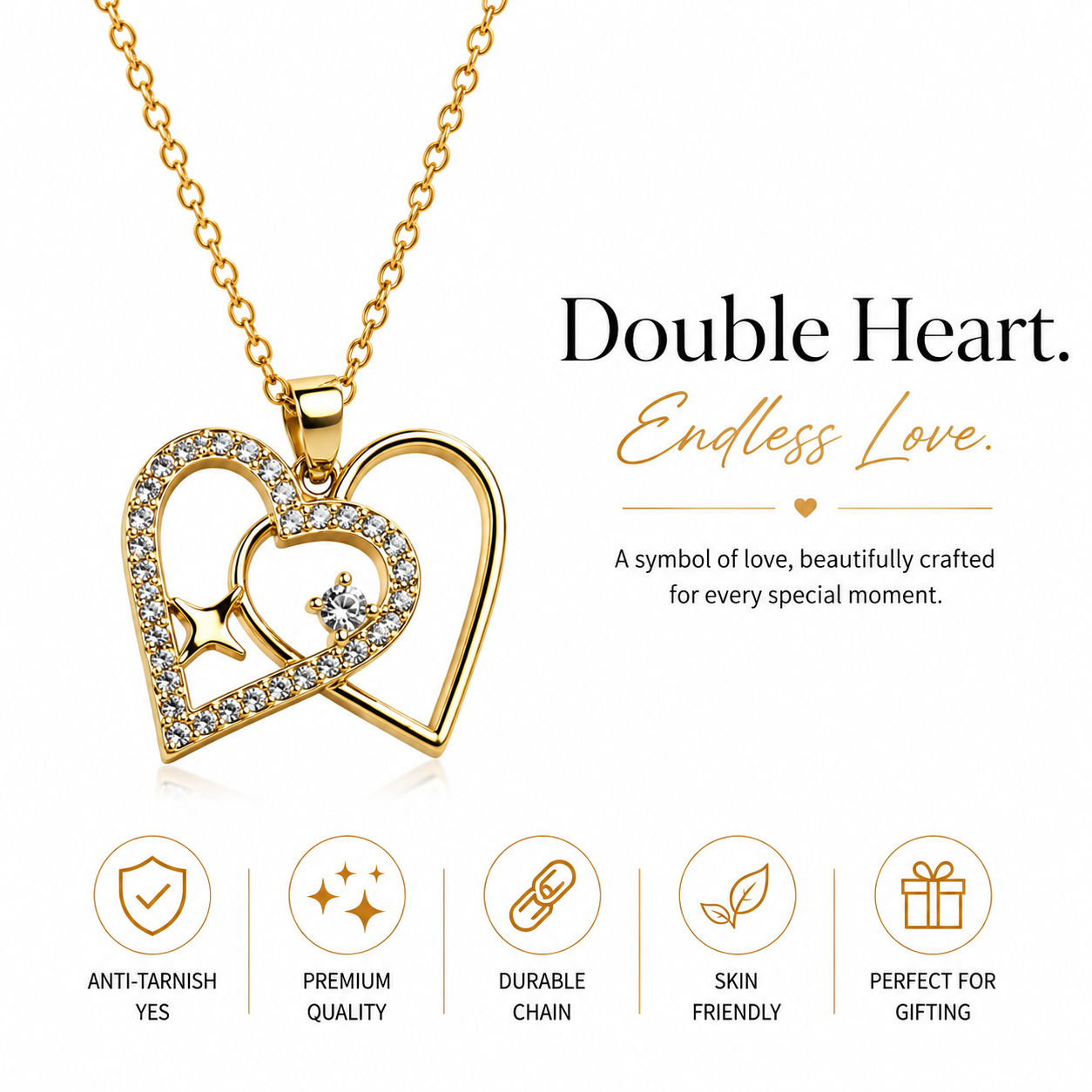 Women’s Double Heart Pendant Necklace | Gold-Plated Crystal Heart Chain | Anti-Tarnish Fashion Jewelry