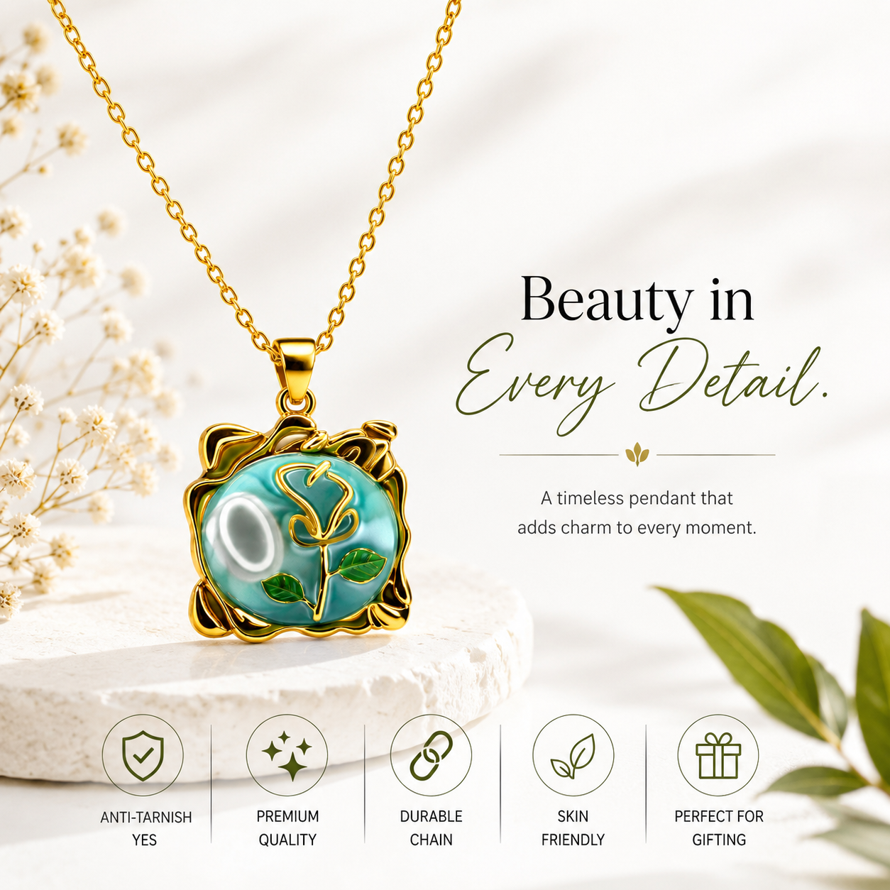 Women's Gold-Plated Floral Pendant Necklace | Green Enamel Rose Design | Anti-Tarnish Chain