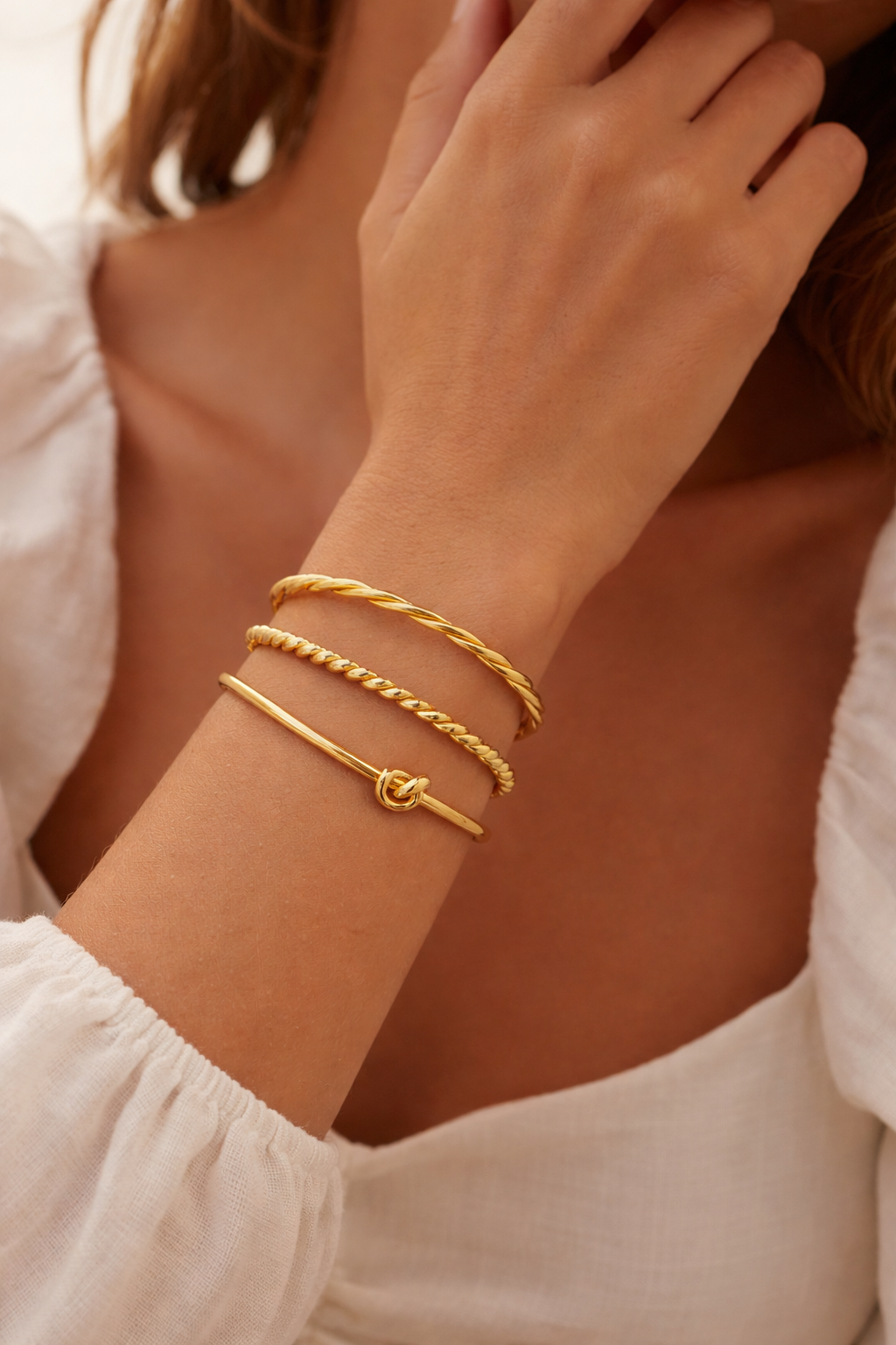 Anti-Tarnish Stainless Steel Gold Plated Stackable Cuff Bracelet Set for Women – Twist, Rope & Knot Design