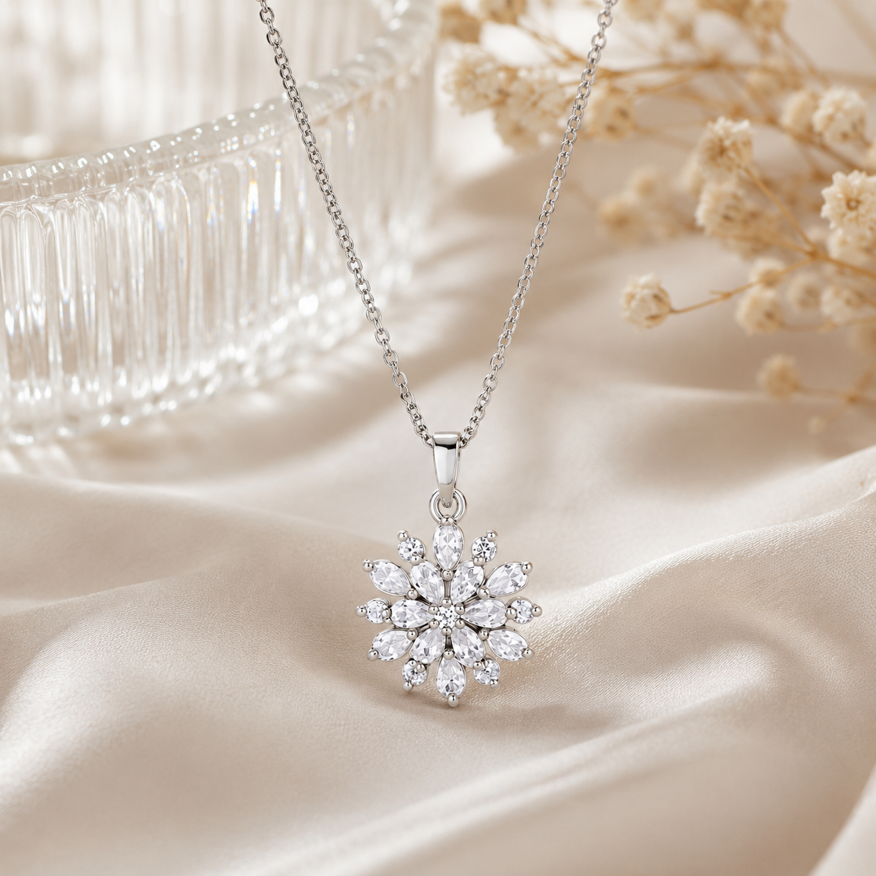 Jazz And Sizzle Rhodium Plated Heavenly Flower Pendant With Box Chain