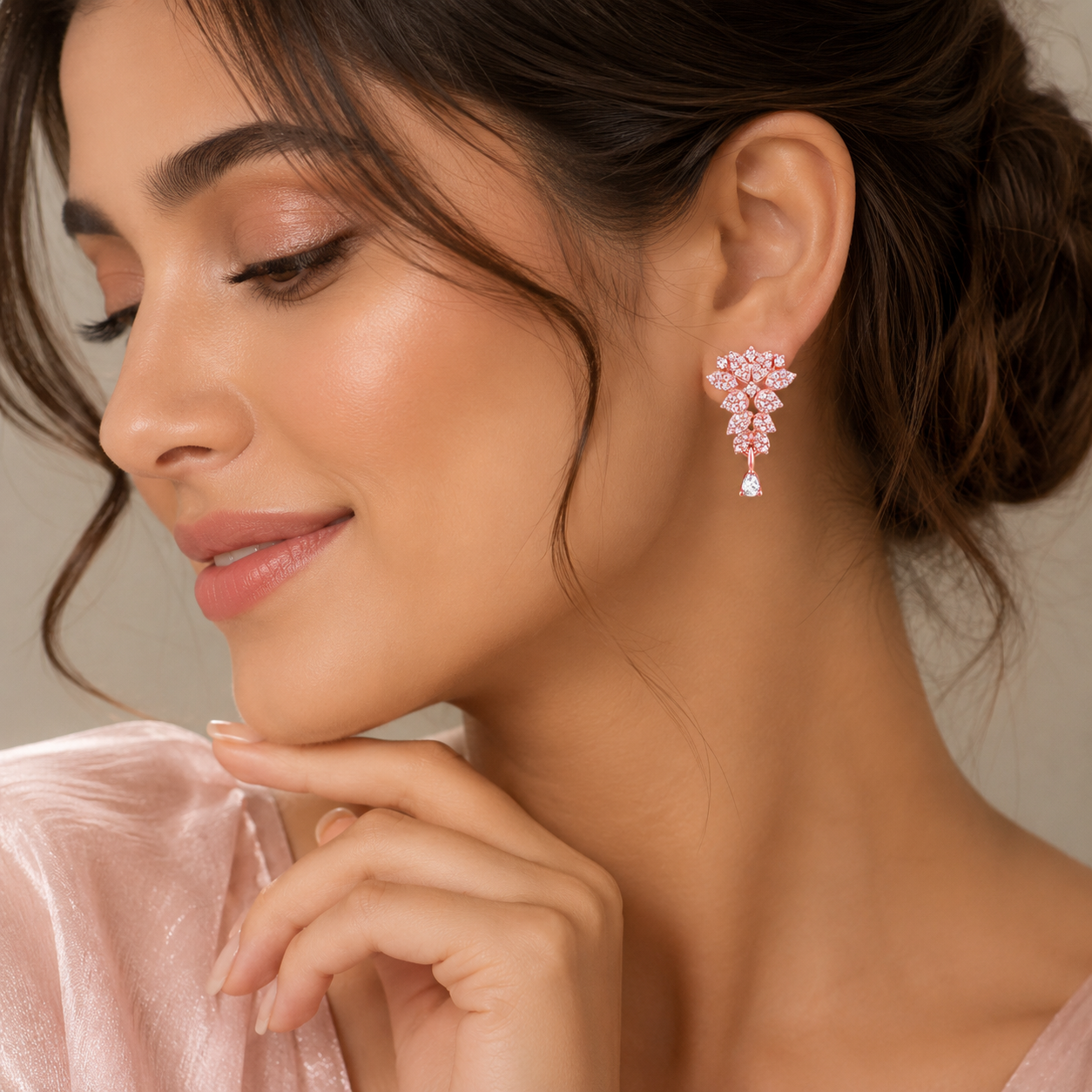 Rose Gold Floral Crystal Drop Earrings for Women