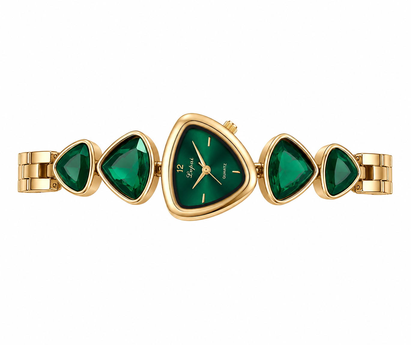 Triangle Dial Faceted Imitation Diamonds Emerald  Decorated Link Watch Bracelet