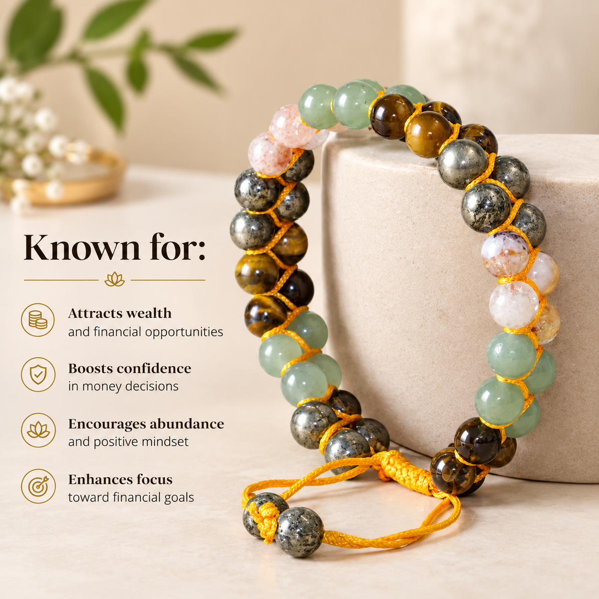 Money Magnet Double Fusion Tie-Up Band with Pyrite, Tiger Eye, Citrine & Aventurine Beads-JS-SBR-039