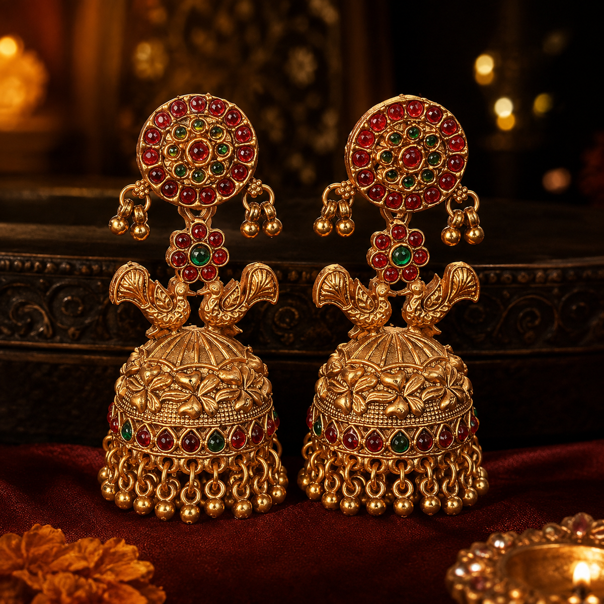 Gold-Toned Red & Green Peacock Shaped Jhumkas Earrings