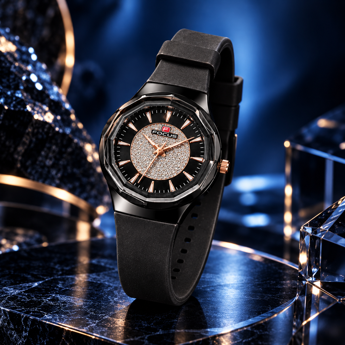Women Black Crystalline Charm Diamond Ring Dial Premium & Luxurious Silicone Strap Analog Watch for Women (Copy) (Copy)