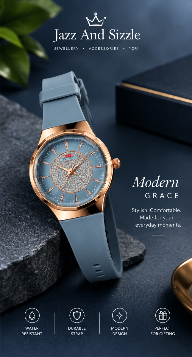 Women blue Crystalline Charm Diamond Ring Dial Premium & Luxurious Silicone Strap Analog Watch for Women (Copy)