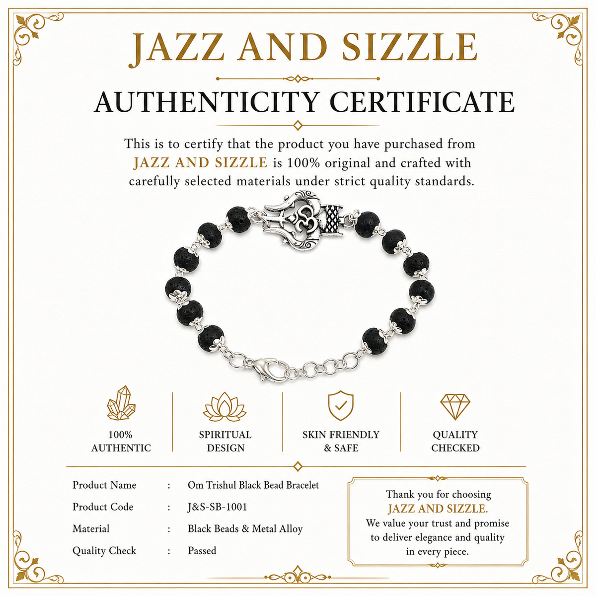 Silver-Toned Om Trishul Black Beaded Spiritual Bracelet for Men-JS-SBR-029