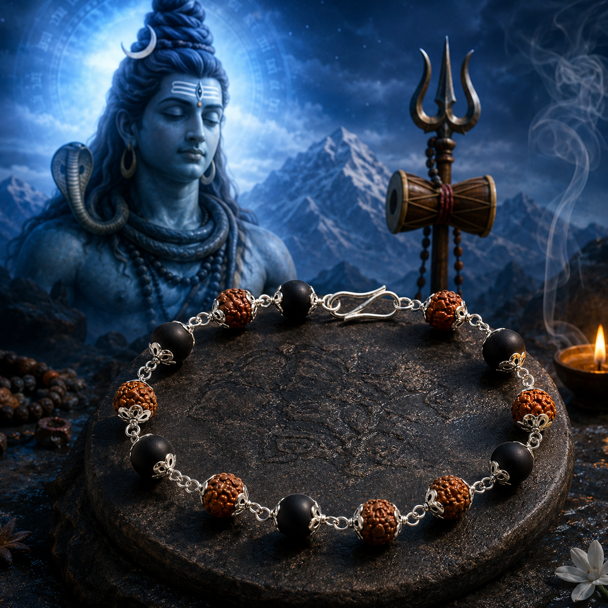 Rudraksha & Black Beaded Silver-Toned Spiritual Bracelet for Men-JS-SBR-030