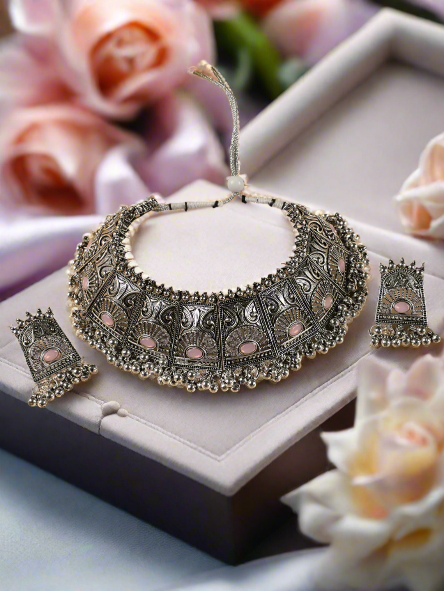 Pink Stones Studded Oxidisedsilver Plated Jewellery Set