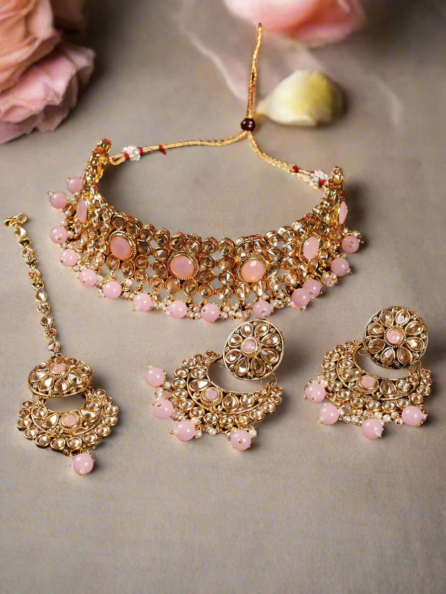 Pink Pearls Kundan Beads Gold Plated Choker Set With Maangtika