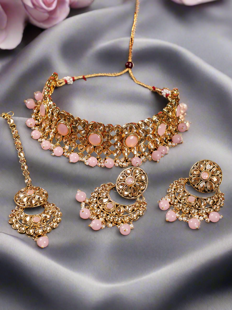 Pink Pearls Kundan Beads Gold Plated Choker Set With Maangtika