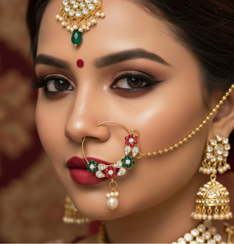 Jazz And Sizzle Traditional Gold Plated Bridal Nose Ring/Nath with 3 Layer Pearl Chain