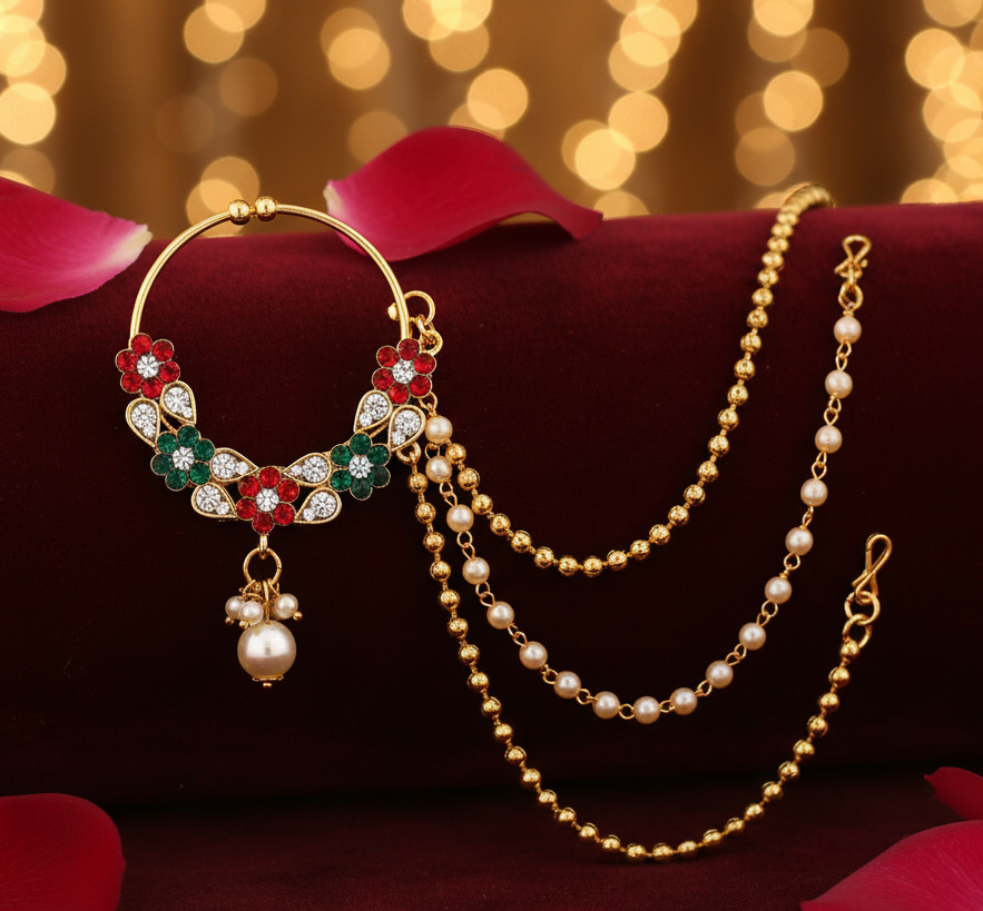 Jazz And Sizzle Traditional Gold Plated Bridal Nose Ring/Nath with 3 Layer Pearl Chain