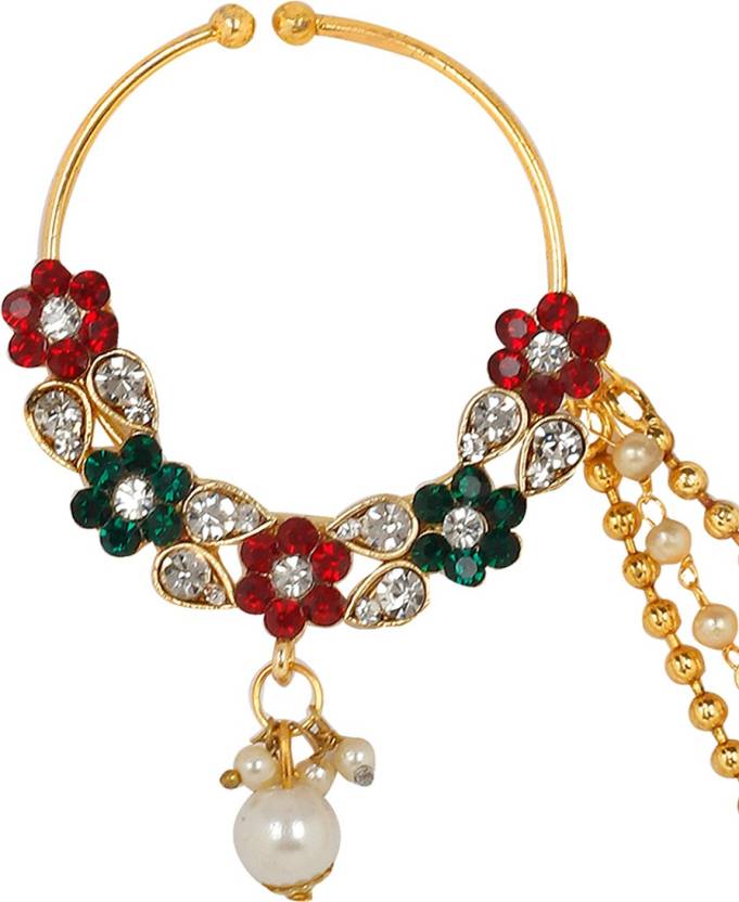 Jazz And Sizzle Traditional Gold Plated Nose Ring/Nath with 3 Layer Pearl Chain