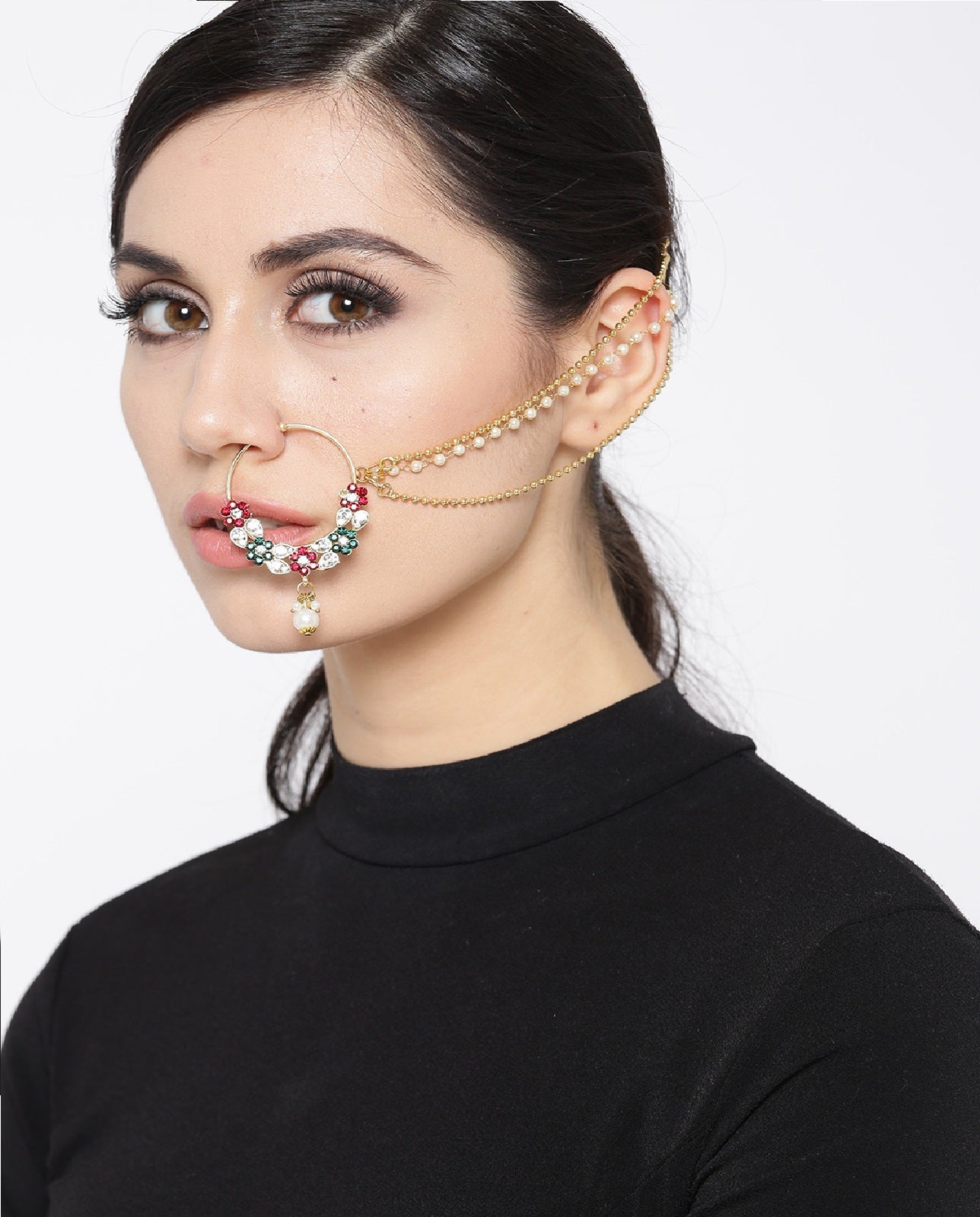 Jazz And Sizzle Traditional Gold Plated Nose Ring/Nath with 3 Layer Pearl Chain