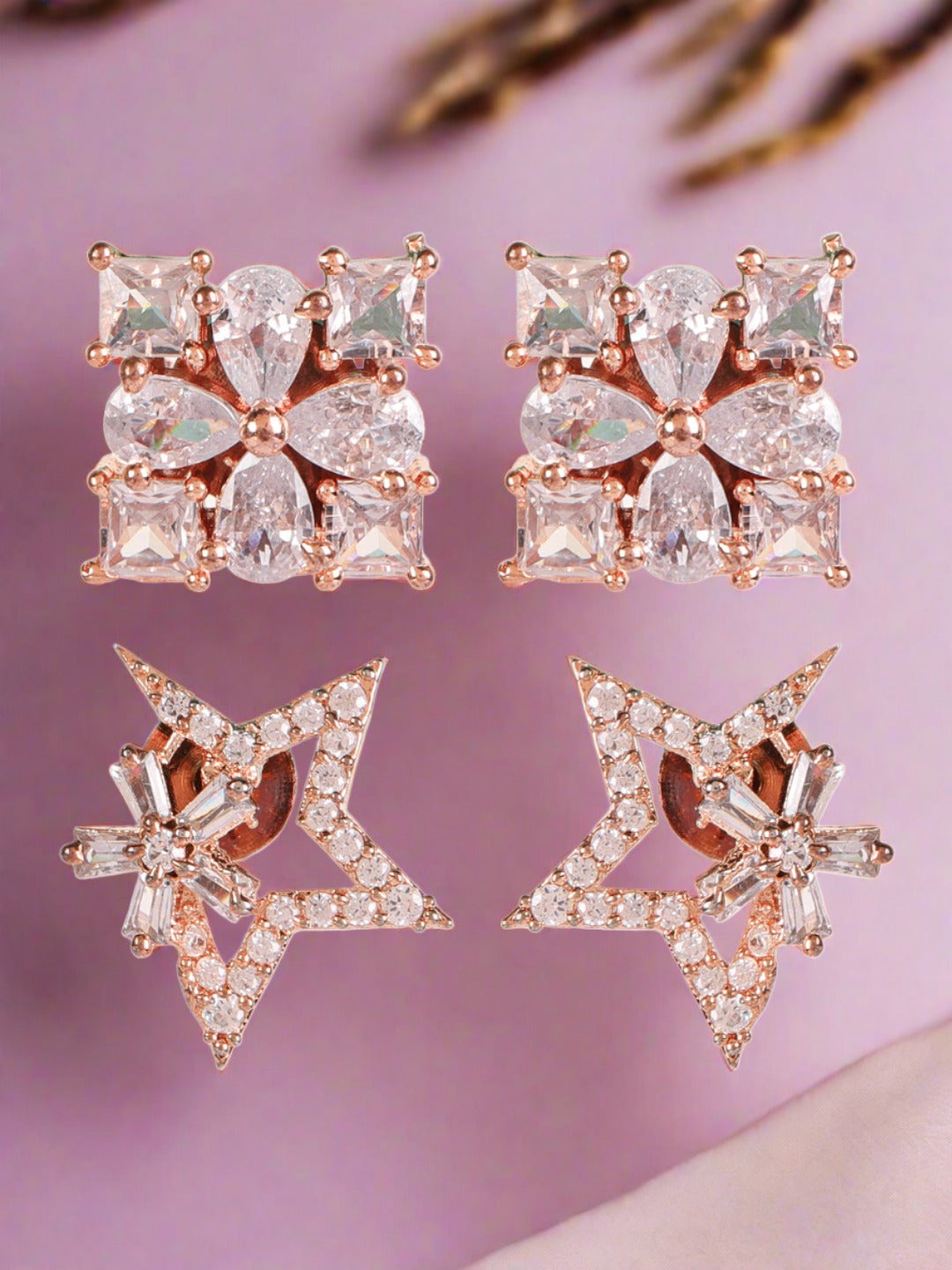 Set of 2 Rose gold plated American Diamond Studded Stud Earrings - Jazzandsizzle