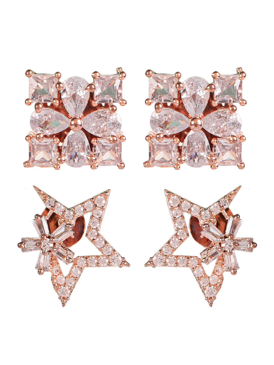 Set of 2 Rose gold plated American Diamond Studded Stud Earrings - Jazzandsizzle