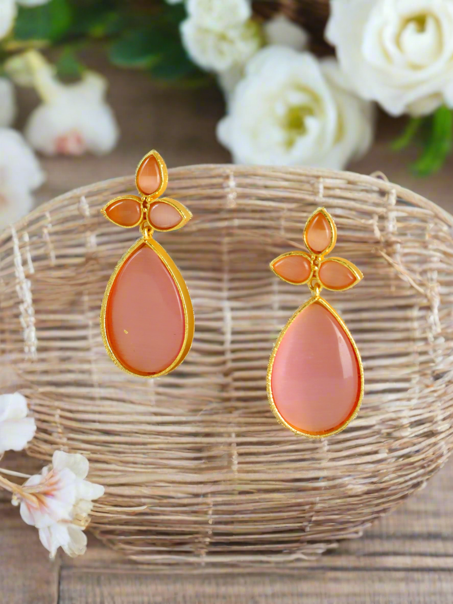 Gold-Plated Pink Contemporary Stone Studded Tear Drop Earrings