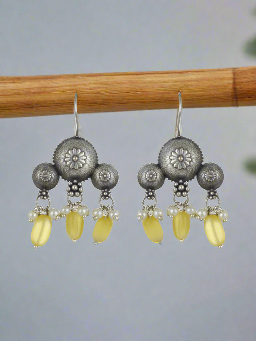 Silver-Plated & Stone Studded & Beaded Contemporary Drop Earrings