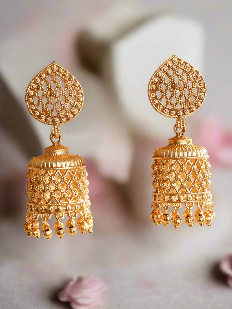 Yellow Gold Plated & Beaded Contemporary Jhumka Earrings