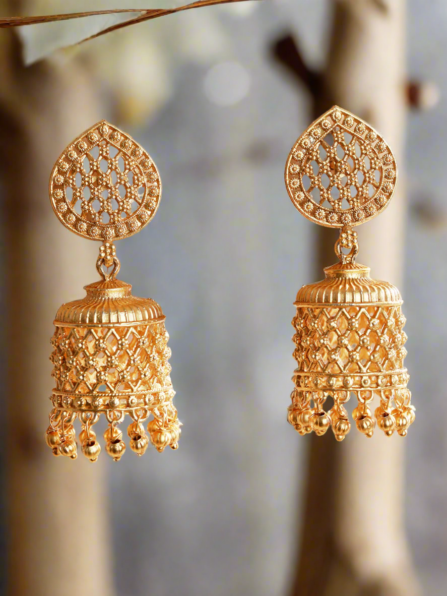 Yellow Gold Plated & Beaded Contemporary Jhumka Earrings