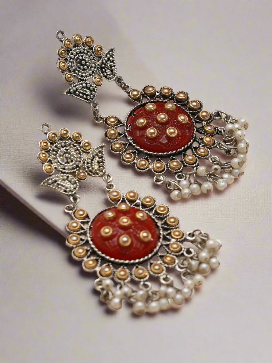 Dual Toned White Kundan Studded & Pearl Beaded Orange Drop Earrings