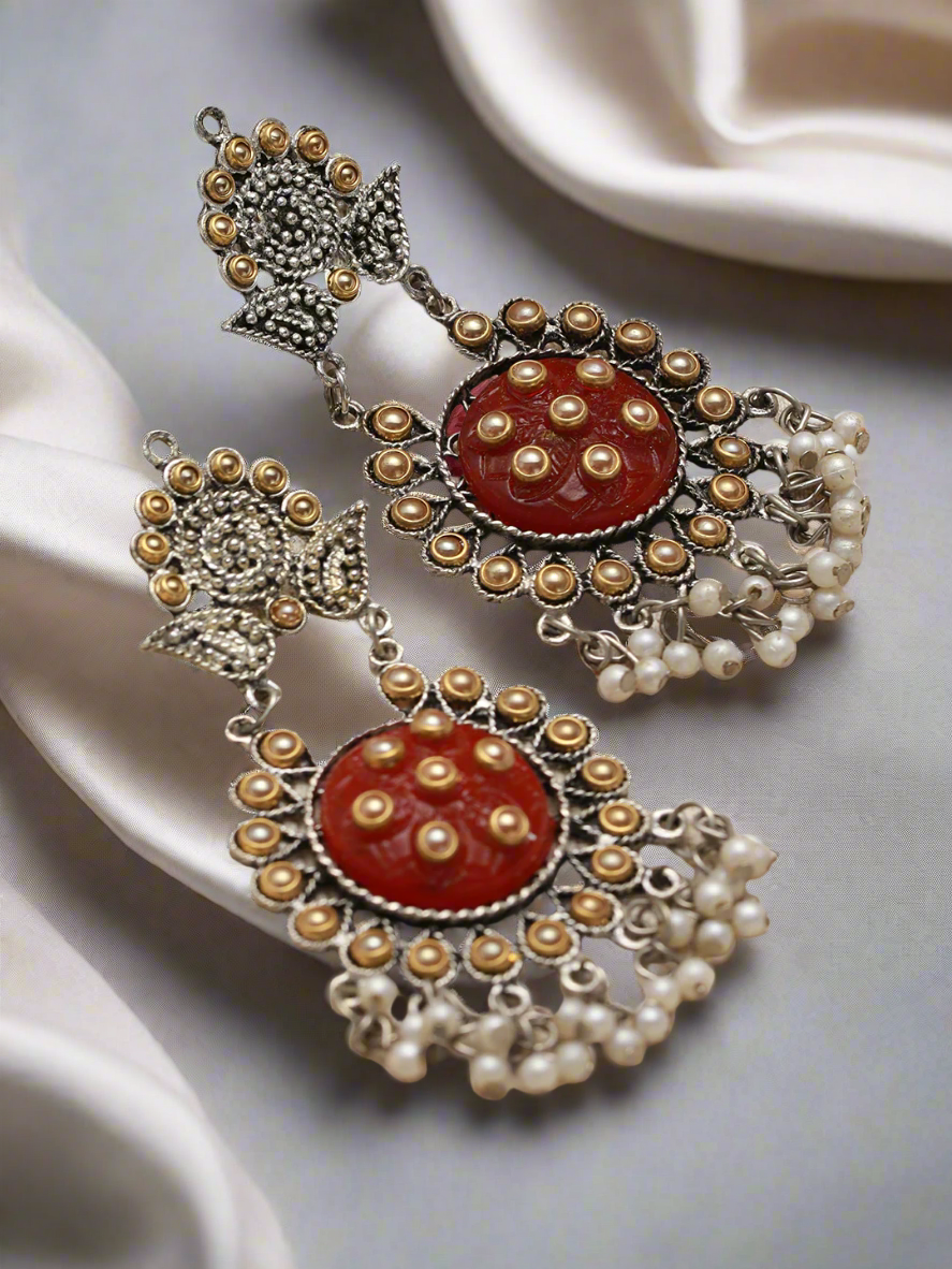 Dual Toned White Kundan Studded & Pearl Beaded Orange Drop Earrings