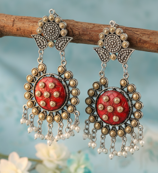 Kundan Studded & Pearl Drop Beaded Dual Toned Silver Plated Chandbali Drop Earrings