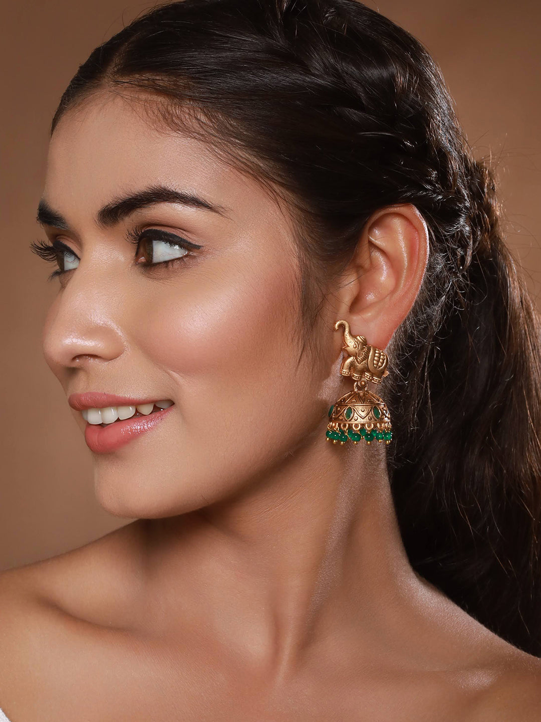 Jazz and Sizzle Gold-Plated Artificial Stones-Studded & Beaded Jhumka Earrings