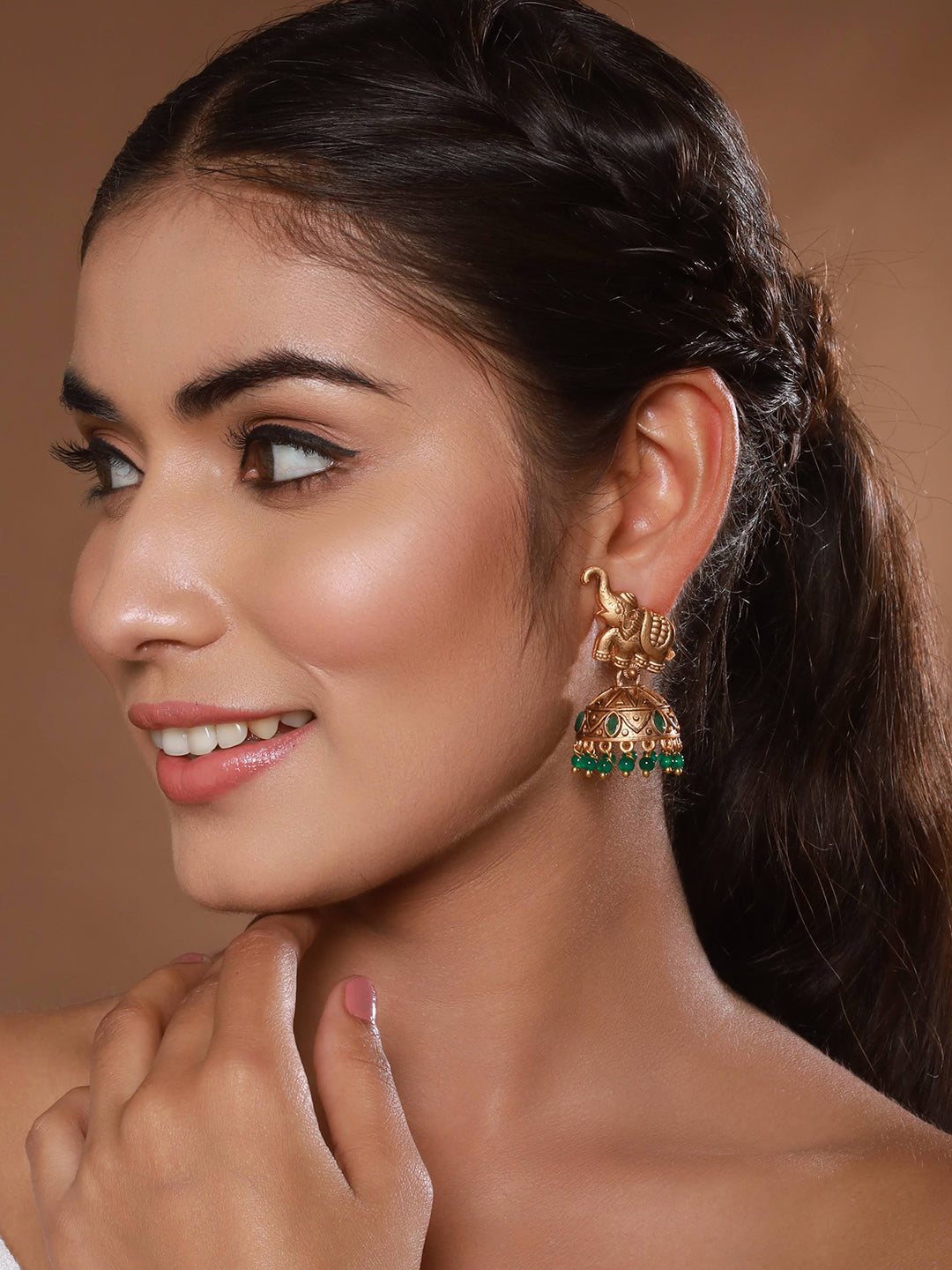 Jazz and Sizzle Gold-Plated Artificial Stones-Studded & Beaded Jhumka Earrings