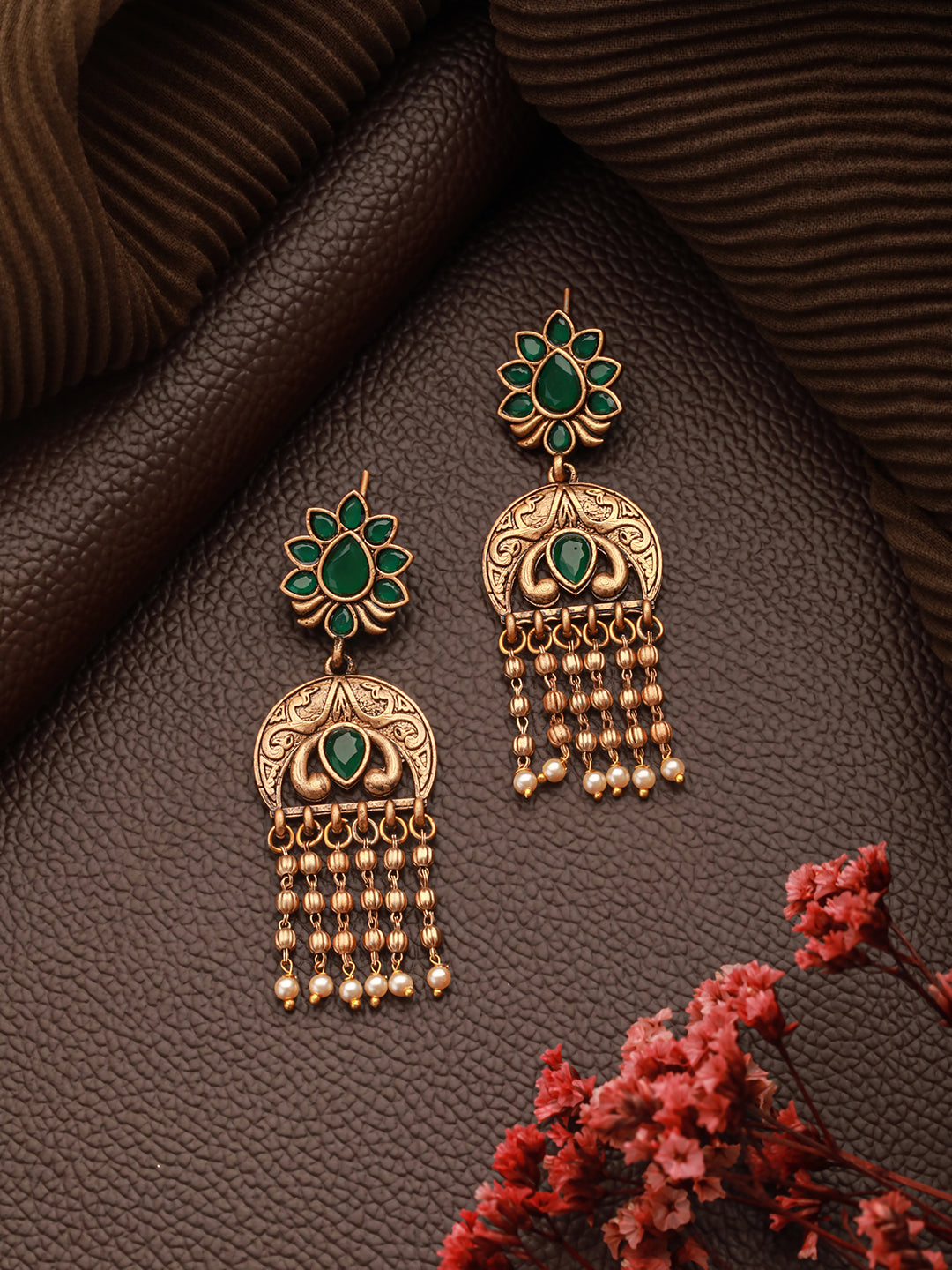 Jazz And Sizzle Gold-Plated Artificial Stones-Studded & Beaded Drop Earrings