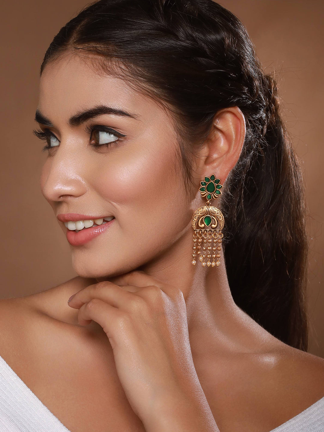 Jazz And Sizzle Gold-Plated Artificial Stones-Studded & Beaded Drop Earrings