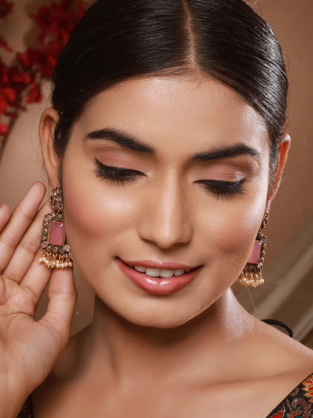 Jazz and Sizzle Gold-Plated Pink Stones-Studded & Beaded Drop Earrings