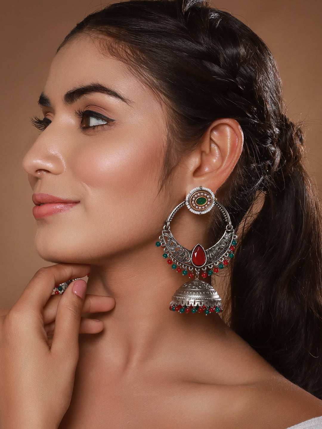 Jazz and Sizzle Silver-Plated Stone Studded Contemporary Jhumka Earrings