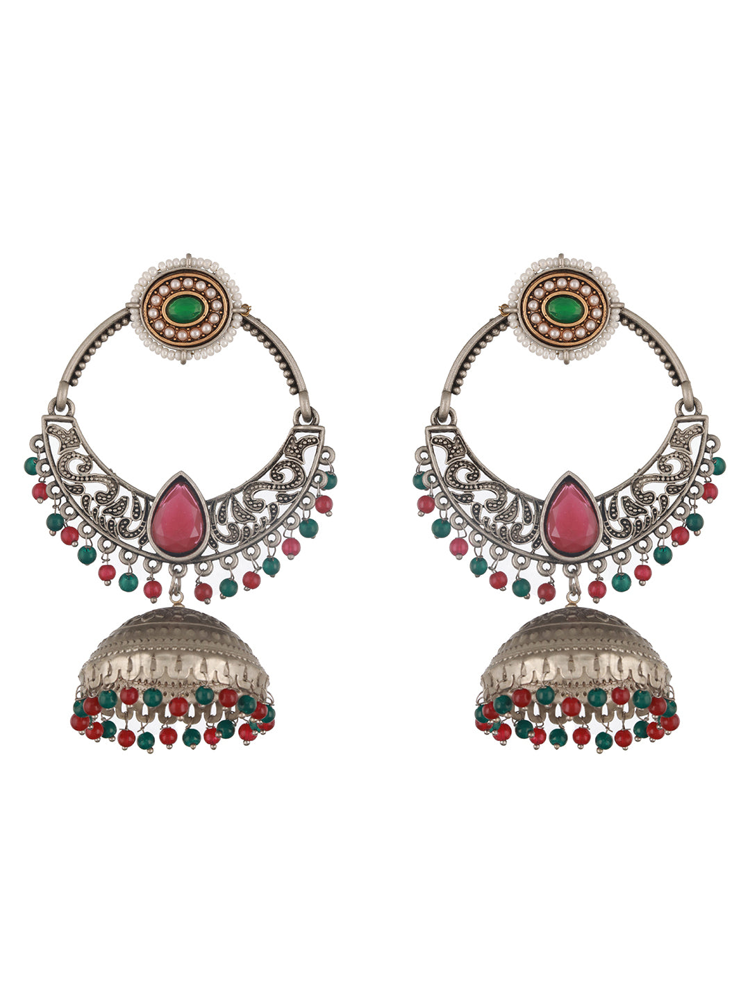 Jazz and Sizzle Silver-Plated Stone Studded Contemporary Jhumka Earrings