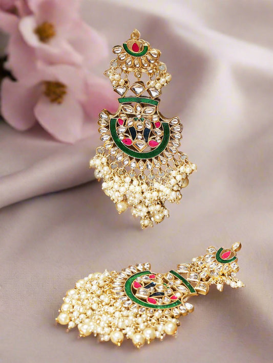 Jazz And Sizzle Gold Plated Kundan Studded Off-White Beaded Multicolor Drop Earrings