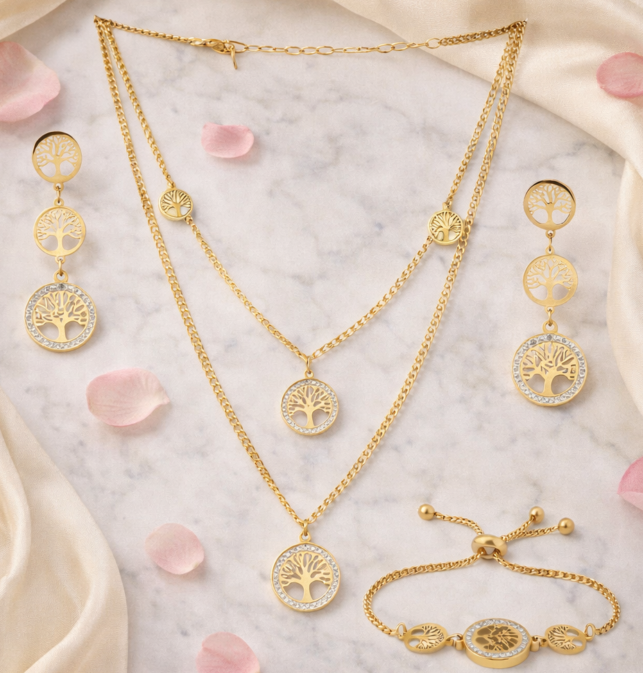 Jazz and Sizzle Gold Finish Tree of Life Combo Set – Necklace, Earrings & Bracelet