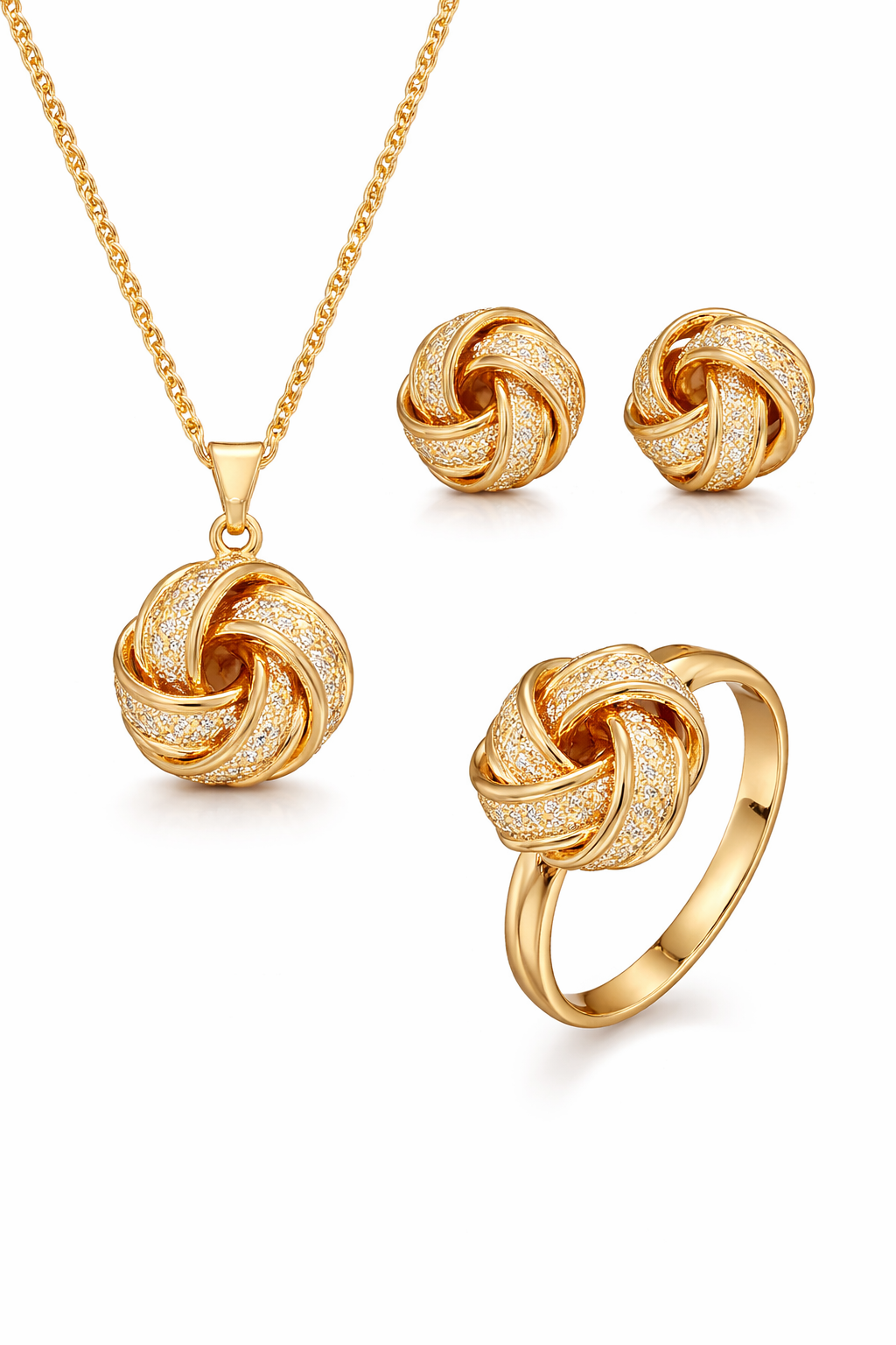 Gold Plated Knot Design Pendant Necklace Set with Stud Earrings & Ring for Women