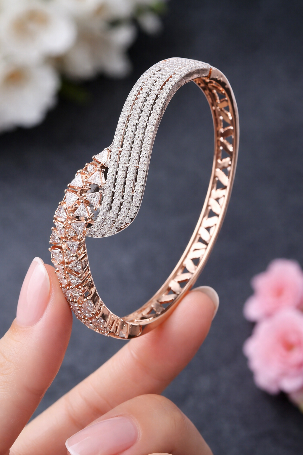 Rose Gold-Plated Cz Stone-Studded Handcrafted Bangle-Style Bracelet