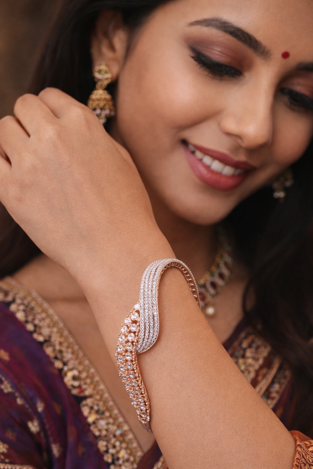 Rose Gold-Plated Cz Stone-Studded Handcrafted Bangle-Style Bracelet