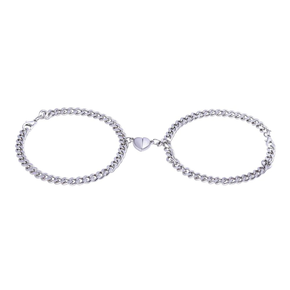 Jazz And Sizzle Silver-Tone Chain Heart Bracelet Set Gift for Him & Her