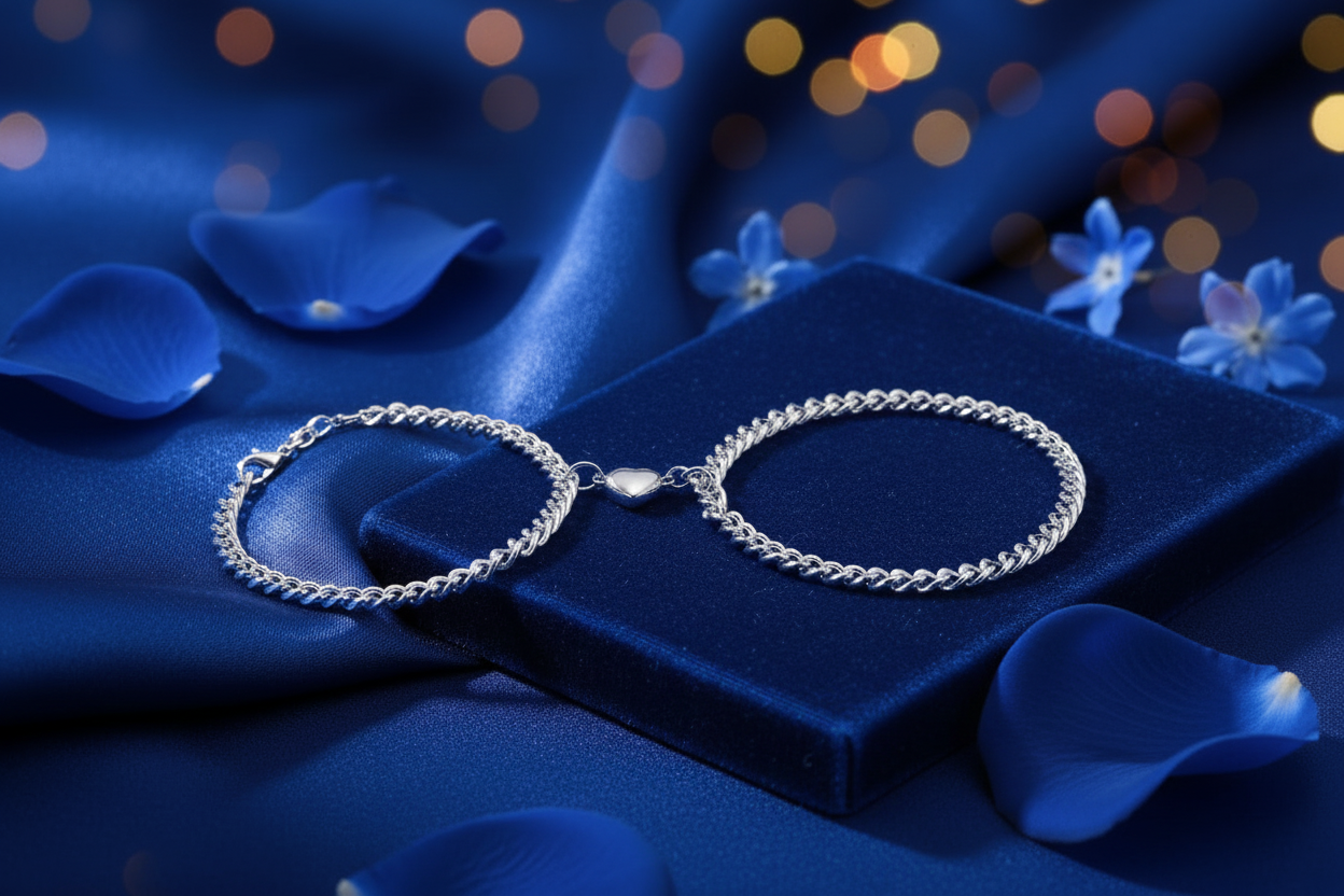 Jazz And Sizzle Silver-Tone Chain Heart Bracelet Set Gift for Him & Her