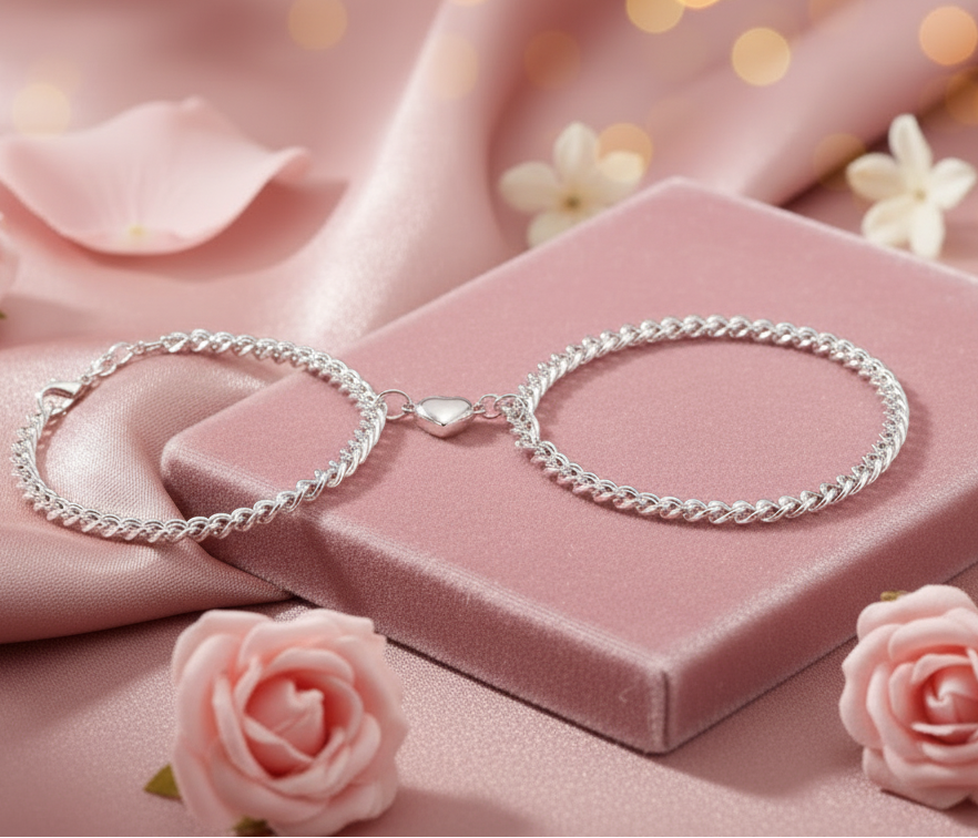 Jazz And Sizzle Silver-Tone Heart love Chain Bracelet Set Gift for Him & Her