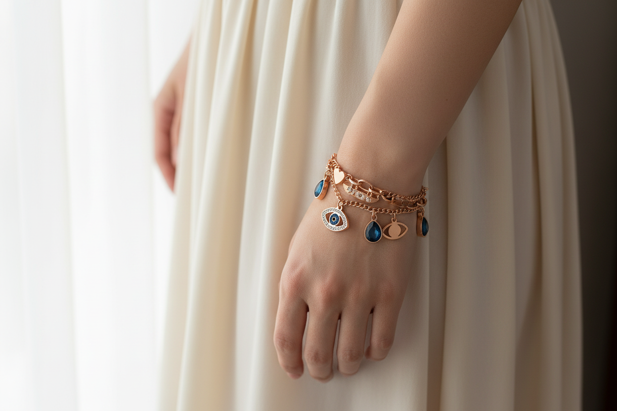 Jazz And Sizzle Gold Plated Evil Eye Charm Bracelet for Valentines Gift