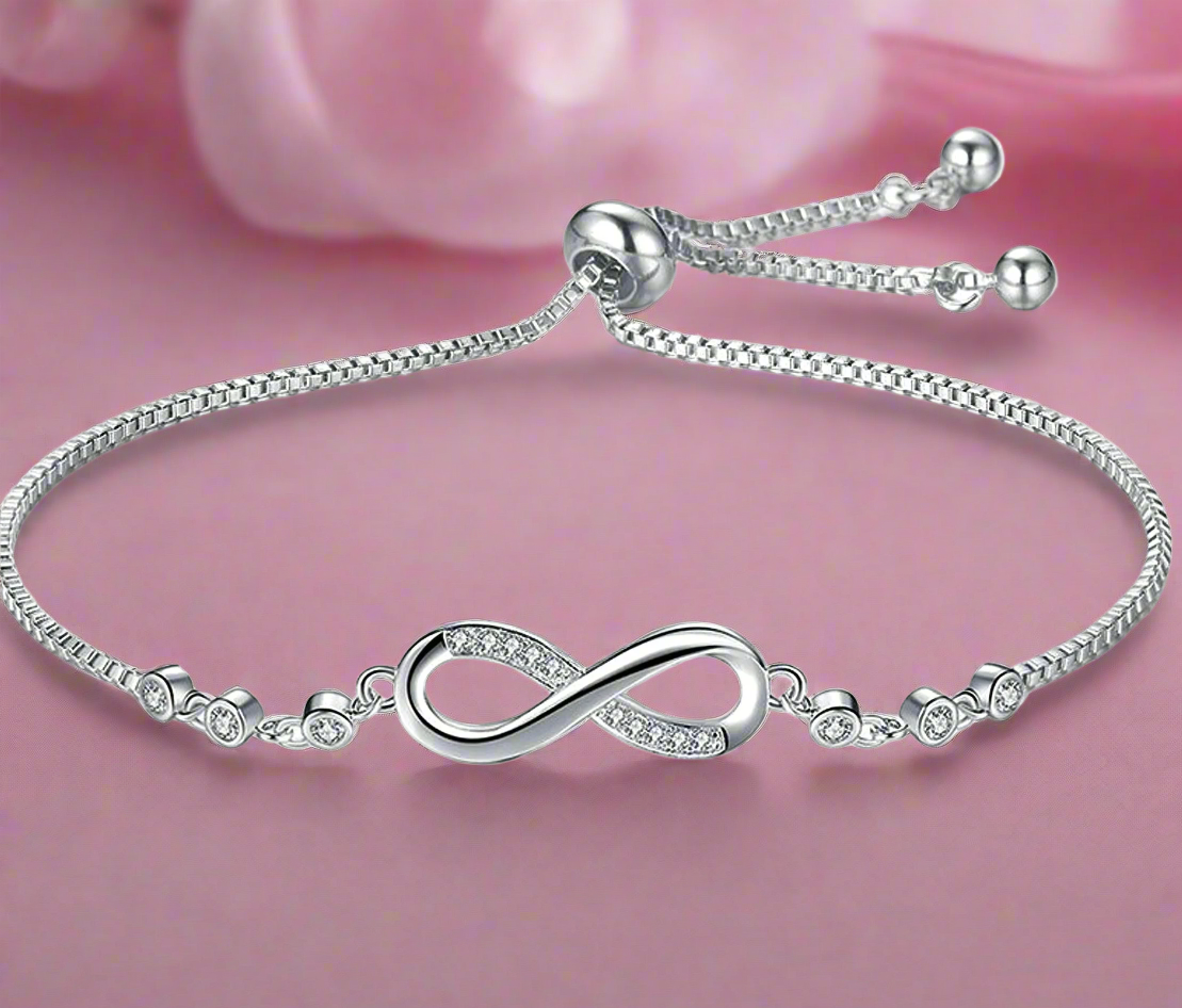 Jazz And Sizzle Silver Plated CZ Studded Infinity Adjustable Bracelet For Valentines Gift