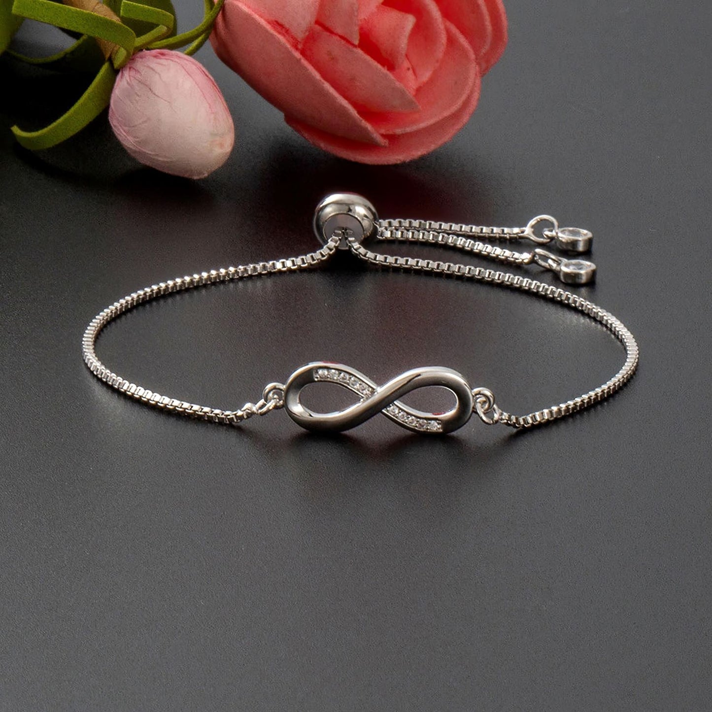 Jazz And Sizzle Silver Plated CZ Studded Infinity Adjustable Bracelet For Valentines Gift