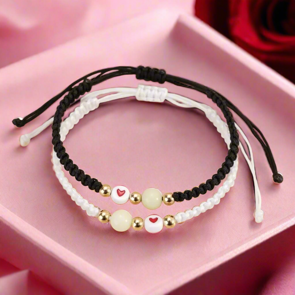 Jazz And Sizzle Set Of 2 Heart & Beads Motif Macrame Bracelet for Valentines Gift