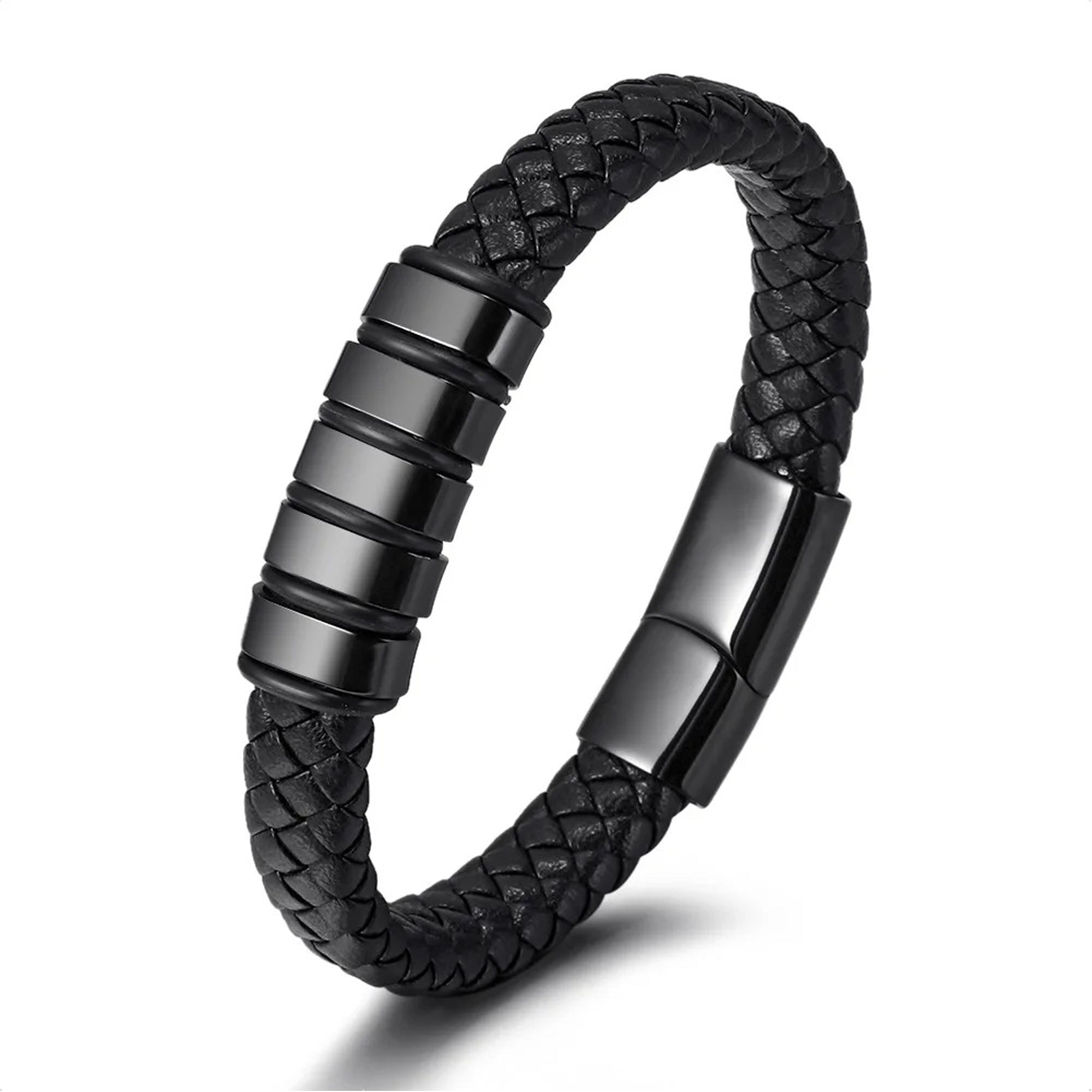 Jazz and Sizzle Men Leather Black-Plated Wraparound Bracelet