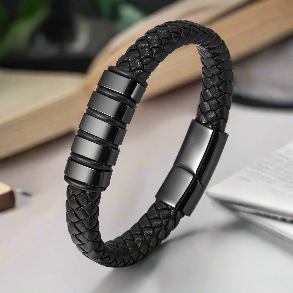 Jazz and Sizzle Men Leather Black-Plated Wraparound Bracelet